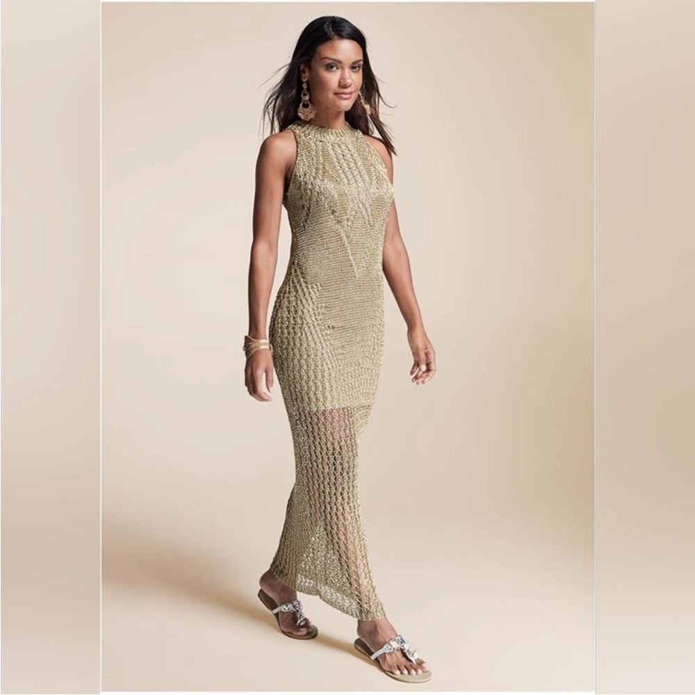 VENUS Gold Sequin Halter Maxi Dress